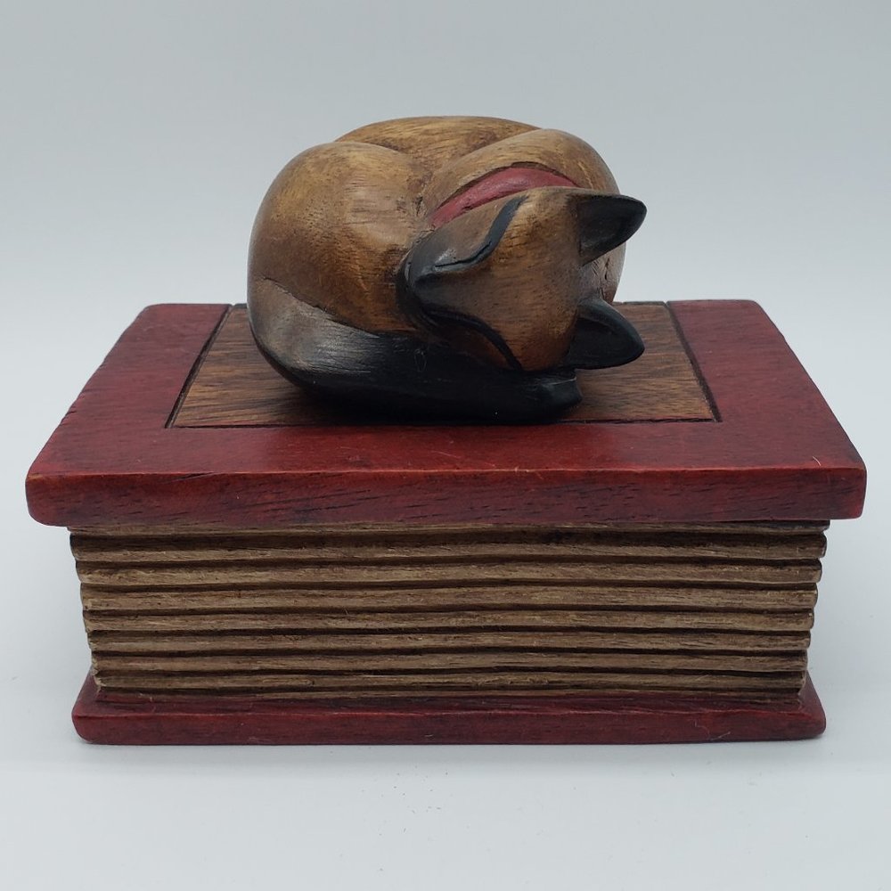 Handcrafted Wood Sleeping Cat on Book Trinket Box